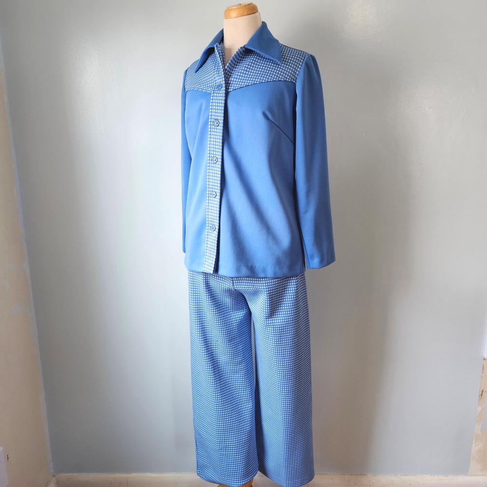 Vtg 70s Sears Womens Blue Polyester Plaid Pant Set 2 Piece Leisure Suit‎ Retro